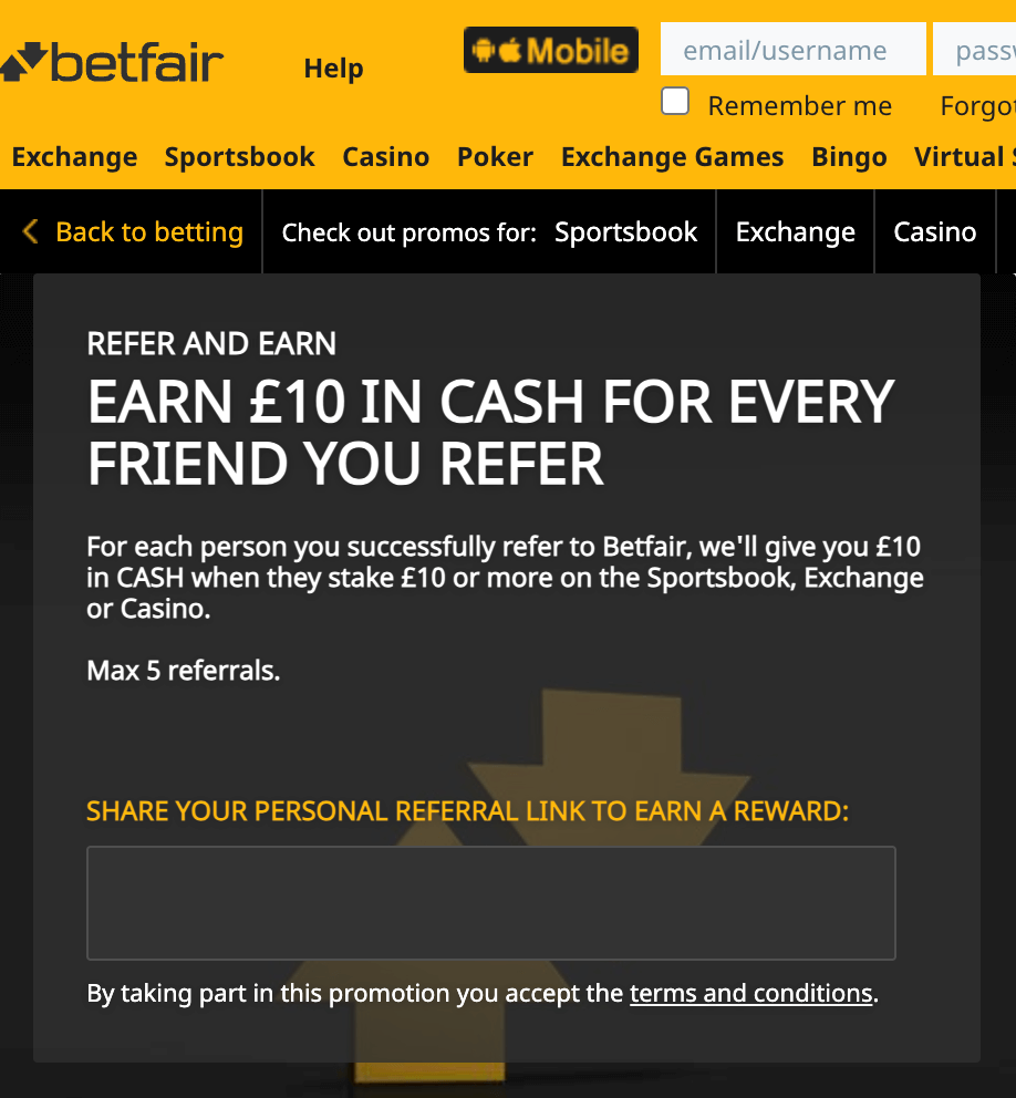 Betfair Refer and Earn customer offer