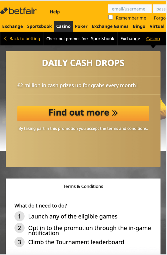 Betfair Daily Cash Drops offer