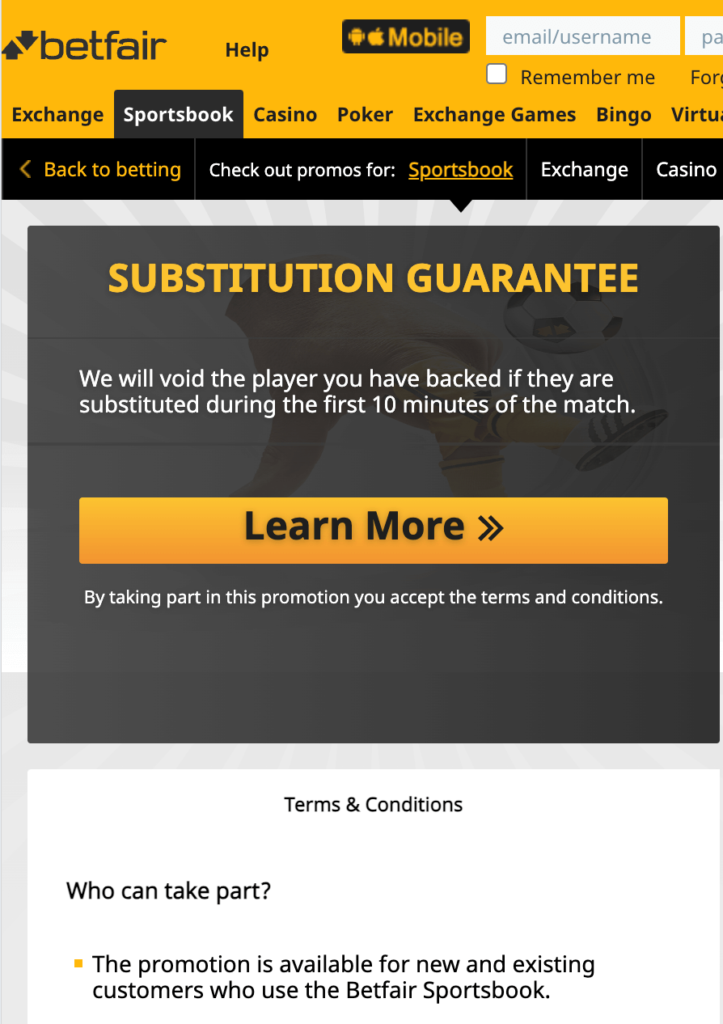 Betfair substitution guarantee offer