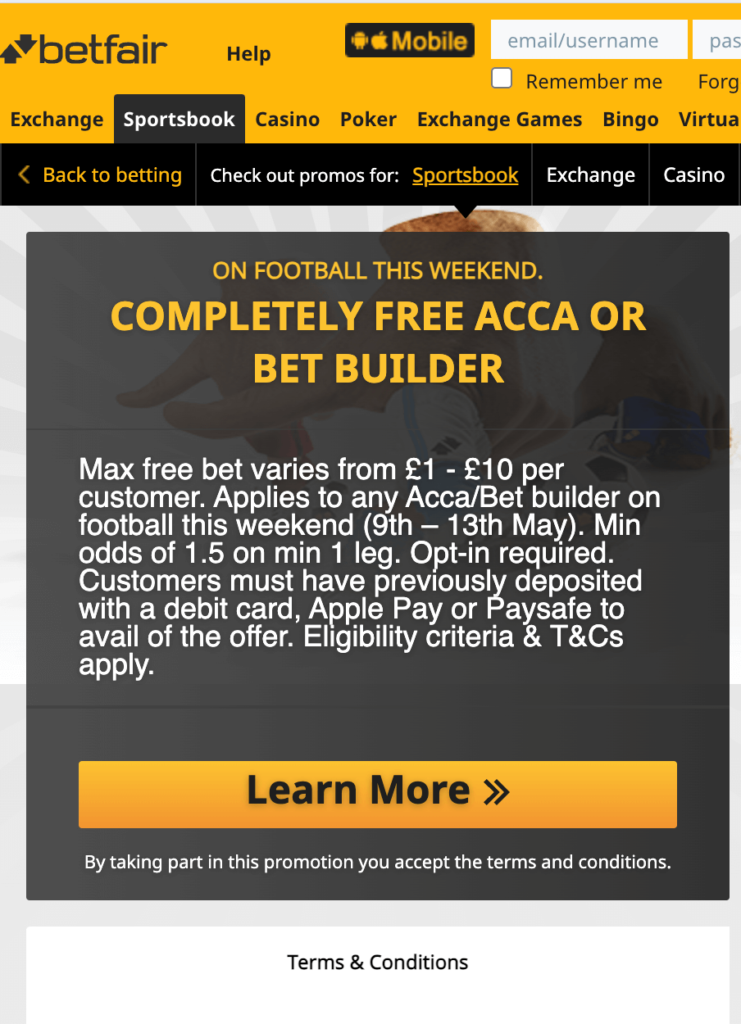 Betfair free bet builder or accumulator offer