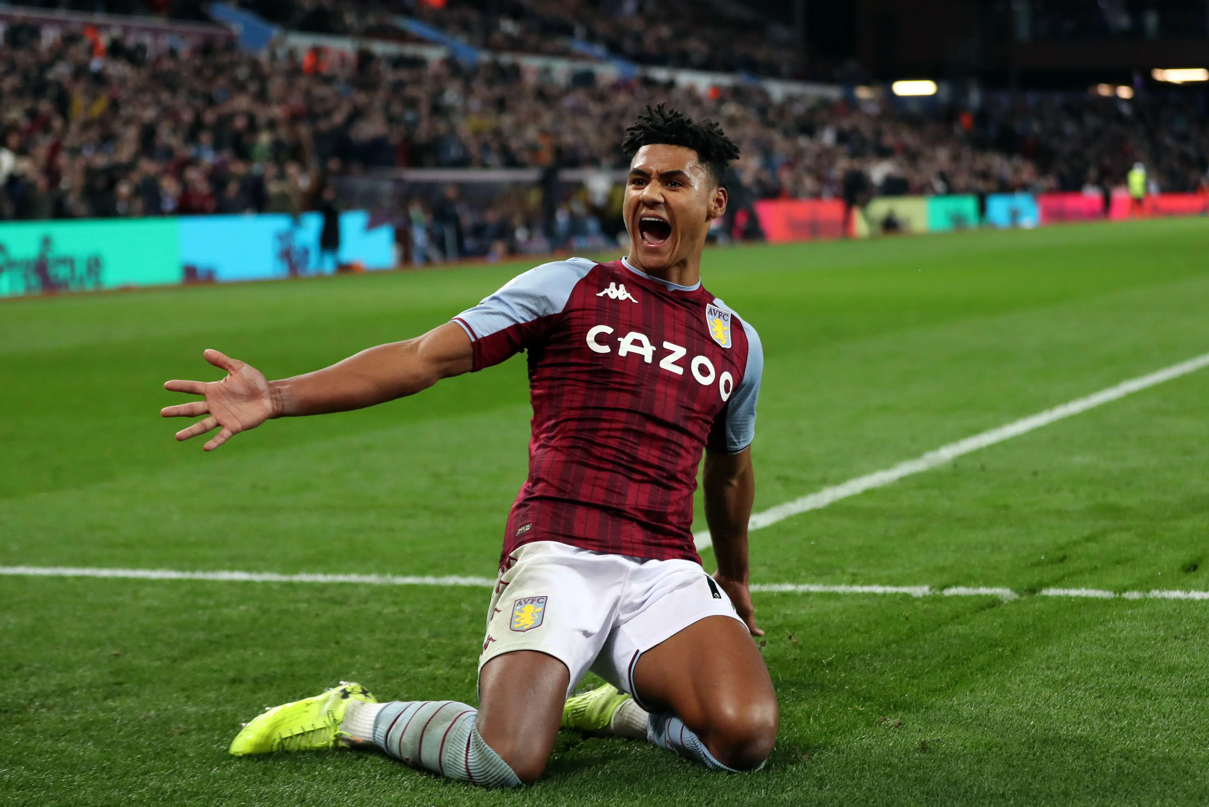 Aston Villa's Ollie Watkins celebrates scoring the opening goal during the Premier League match at Villa Park