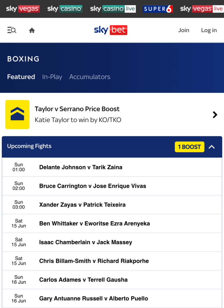 sky bet boxing page