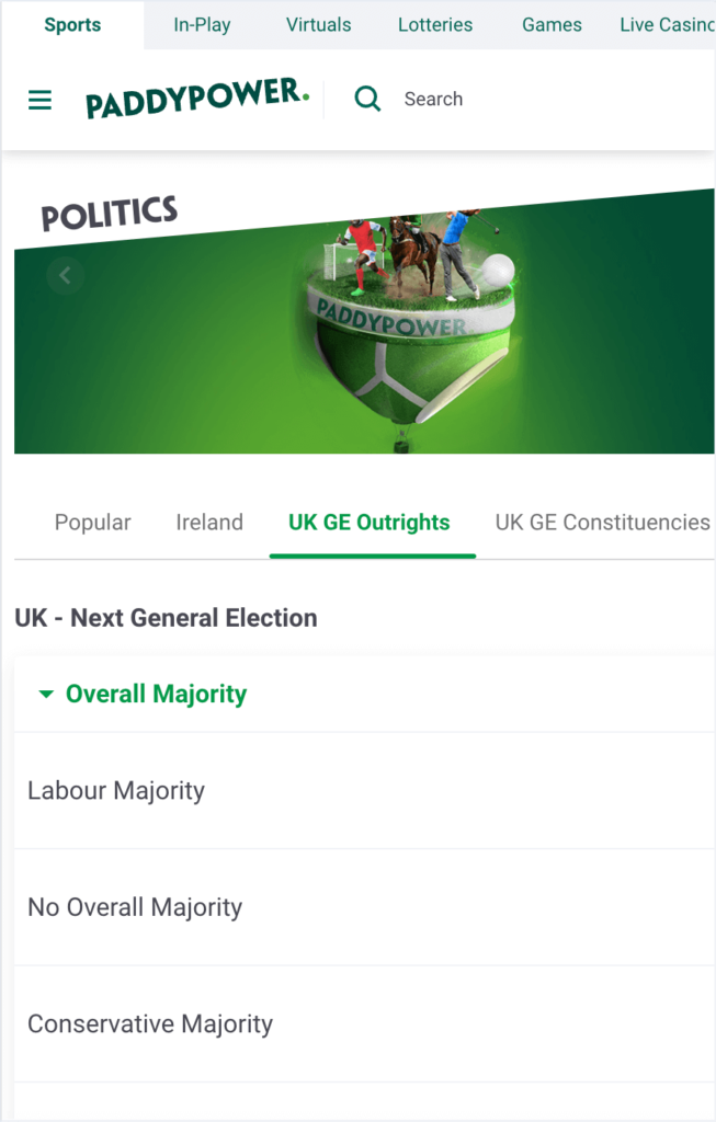 Politics betting page Paddy Power